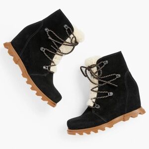 New Sorel Joan of Arctic Wedge III Lace Cozy Waterproof Black Suede Boots 8